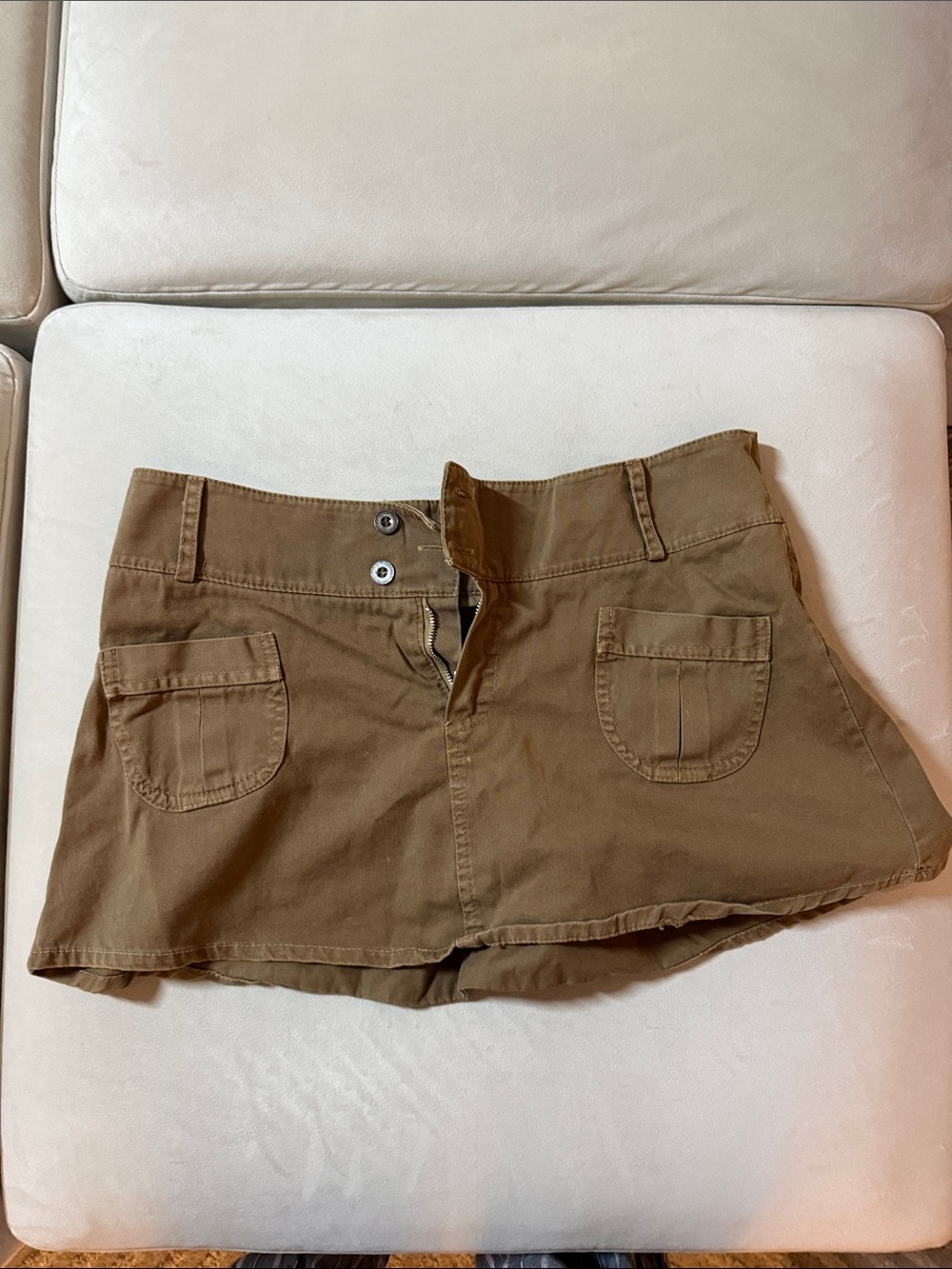 Maeve Tan Cotton Mini Skort with Front Patch Pockets